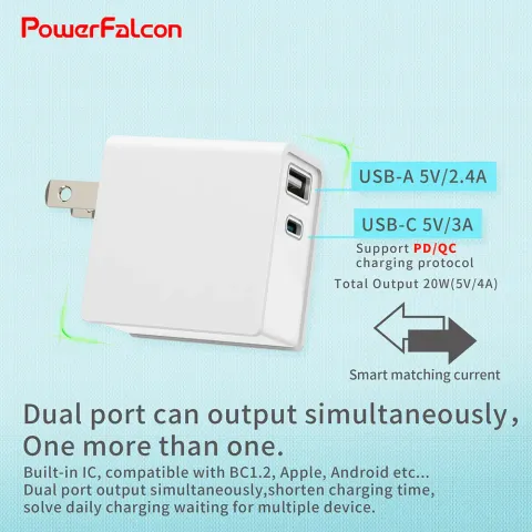Type-C 支援PD 15W快充 USB-A支援5V2.4A