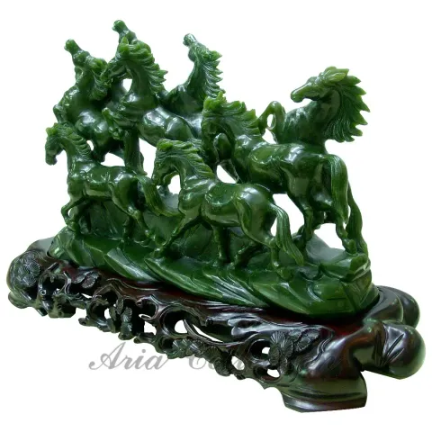 Hand-Carved Jade Eight Horse Sculpture 43x26cm - Authentic