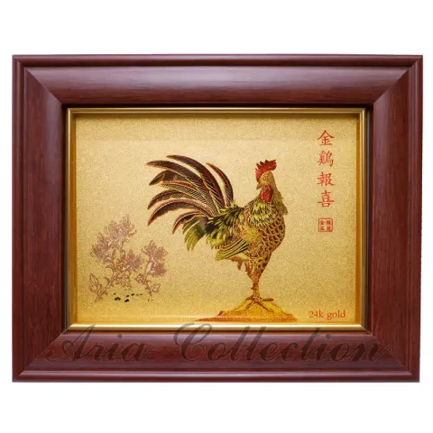 金箔畫-紅木框-公雞-金雞報喜