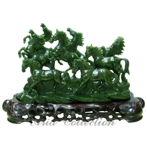 Hand-Carved Jade Eight Horse Sculpture 43x26cm - Authentic